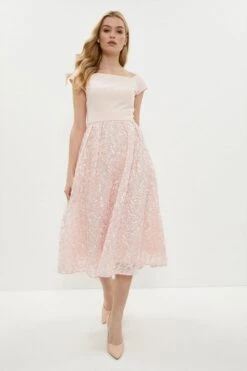 Coast Bardot Ribbon Embroidered Midi Dress, Blush/Light Pink