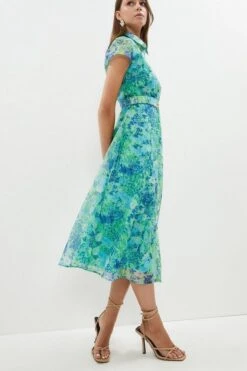 Coast Belted Organza Shirt Dress, Multi/Blue/Green