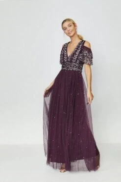 Coast Cold Shoulder Embellished Maxi Dress, Berry/Merlot Purple
