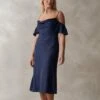 Coast Cold Shoulder Flutter Sleeve Satin Jacquard Midi Dress, Navy Blue