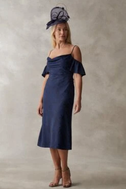 Coast Cold Shoulder Flutter Sleeve Satin Jacquard Midi Dress, Navy Blue
