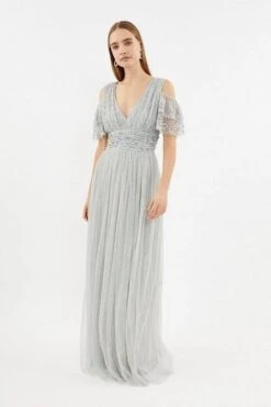 Coast Cold Shoulder Scattered Embellished Maxi Dress, Silver