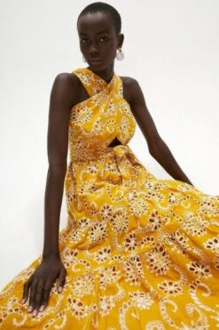 Coast Cross Over Broderie Midi Dress, Mustard Yellow/White
