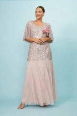 Coast Curve Angel Sleeve Sequin Maxi Dress, Light Pink/Blush
