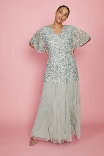 Coast Curve Sequin Angel Sleeve Maxi Dress, Sage/Silver