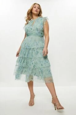 Coast Curve Tulle Tiered Frill Sleeve Dress, Green/Multi