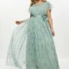 Coast Curve Tulle V-neck Tie Belt Maxi Bridesmaid Dress, Green/Multi