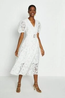 Coast Deep V Puff Sleeve Midi Dress, Ivory