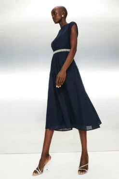 Coast Embellished Belt Midi Dress, Navy Blue