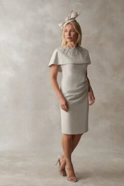 Coast Embellished Cape Tuck Detail Pencil Dress, Silver