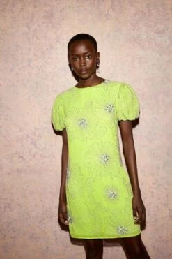 Coast Embellished Lily Puff Sleeve Dress, Lime Green