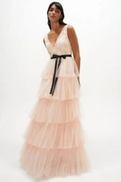 Coast Embellished Tiered Tulle Maxi Dress, Pink/Blush