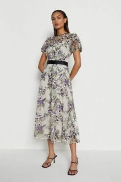 Coast Embroidered Floral Midi Dress, White/Purple
