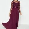 Coast Embroidered Long Sleeve Maxi Bridesmaid Dress, Aubergine/Berry Red