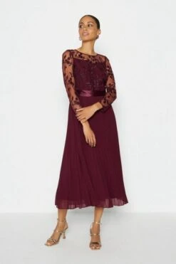 Coast Embroidered Long Sleeve Midi Bridesmaid Dress, Aubergine/Berry Red