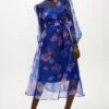 Coast Floral Long Sleeve Organza Midi Dress, Cobalt Blue/Blush