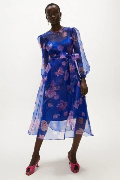 Coast Floral Long Sleeve Organza Midi Dress, Cobalt Blue/Blush 1 Coast Floral Long Sleeve Organza Midi Dress, Cobalt Blue/Blush