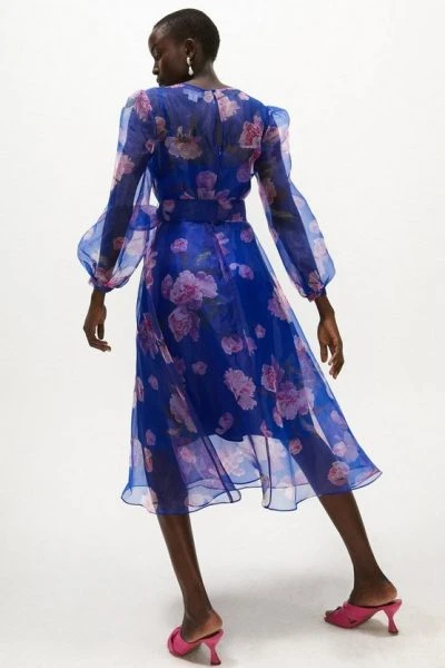 Coast Floral Long Sleeve Organza Midi Dress, Cobalt Blue/Blush 2 Coast Floral Long Sleeve Organza Midi Dress, Cobalt Blue/Blush - Image 2
