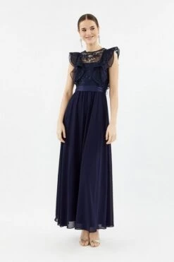 Coast Frilled Sleeve Lace Bodice Maxi Dress, Navy Blue
