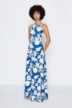 Coast Halter Floral Printed Maxi Dress, Blue/White