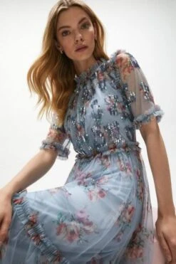 Coast High Neck Floral Maxi Dress, Blue/Multi