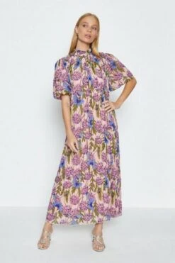 Coast High Neck Floral Print Midi Dress, Pink/Blue