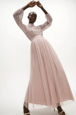 Coast High Neck Sequin Bodice Maxi Dress, Blush Pink