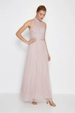 Coast High Neck Sequin Mesh Maxi Bridesmaid Dress, Blush/Pink -EleganceWear Store coast high neck sequin mesh maxi bridesmaid dress blush pink1