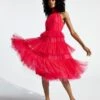 Coast High Neck Tulle Tiered Midi Dress, Hot Pink