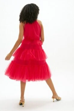 Coast High Neck Tulle Tiered Midi Dress, Hot Pink -EleganceWear Store coast high neck tulle tiered midi dress hot pink1
