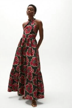 Coast Jacquard Halter Neck Maxi Dress, Black/Red/Gold