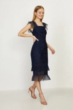 Coast Lace Cap Sleeve Midi Shift Dress, Navy Blue