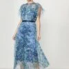 Coast Lace Mesh Printed Dress With Pleated Skirt, Blue/Multi