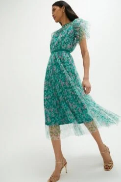 Coast Lace Mesh Printed Dress With Pleated Skirt, Green/Multi