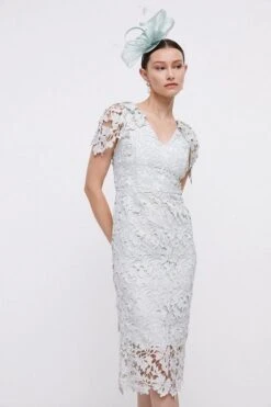 Coast Lace Pencil Dress With Cape Sleeve, Light Sage/Mint
