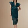 Coast Lisa Tan Organza Lace Mix Frill Sleeve Pencil Dress, Green