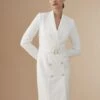Coast Lisa Tan Premium Lace Tuxedo Dress With Gem Buttons, Ivory