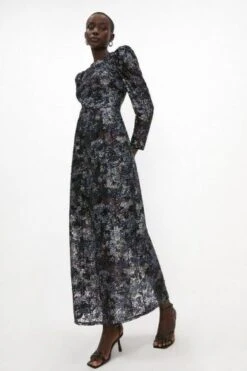 Coast Long Sleeve Sequin Maxi Dress, Black/Silver