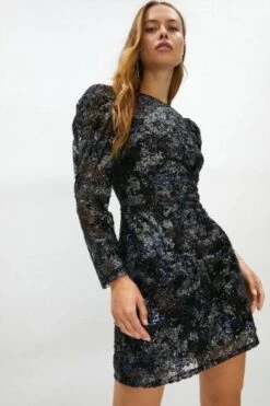 Coast Long Sleeve Sequin Mini Dress, Black/Multi