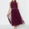 Coast Mesh Pleated Midi Dress, Merlot/Berry
