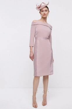 Coast Midi Bardot Pencil Dress With Ribbon Trim, Blush/Pink