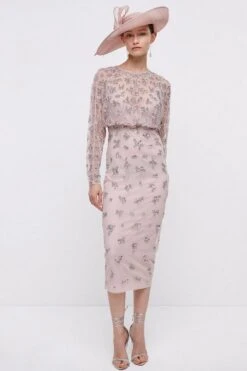 Coast Midi Dress With Embellishment & Long Sleeves, Blush/Pink