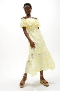 Coast Midi Cotton Ruffle Broderie Maxi Dress, Yellow/White