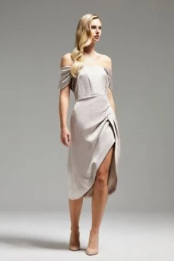 Coast Norman Hartnell Drape Sleeve Corset Midi Dress, Oyster