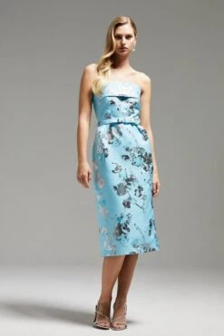 Coast Norman Hartnell Jacquard Belted Pencil Dress, Blue/Silver