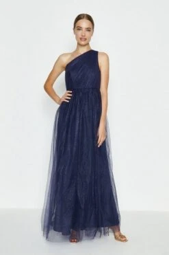 Coast One Shoulder Glitter Mesh Maxi Dress, Navy Blue -EleganceWear Store coast one shoulder glitter mesh maxi dress navy blue1