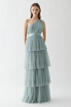 Coast One Shoulder Tiered Mesh Bridesmaids Dress, Sage Green