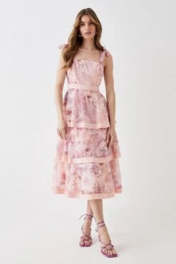 Coast Organza Tiered Midi Dress, Pink