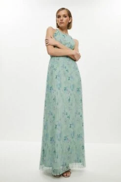 Coast Petite All Over Pleated Floral Maxi Dress, Green/Multi