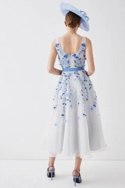 Coast Plunge Organza 3d Floral Full Skirt Midi Dress, White/Pale Blue -EleganceWear Store coast plunge organza 3d floral full skirt midi dress white pale blue2